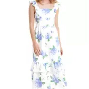 White and Blue Linen Floral Midi Dress